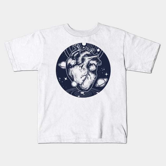 Space heart Blue and White surrounded by planets Kids T-Shirt by BlindVibes
